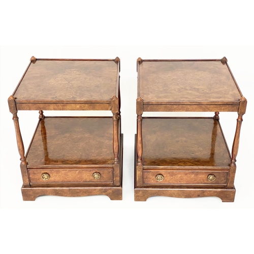 90 - LAMP TABLES, a pair, George III design burr walnut each with two tiers and a drawer, 43cm x 43cm x 6... 