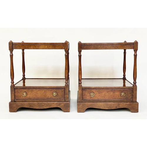 90 - LAMP TABLES, a pair, George III design burr walnut each with two tiers and a drawer, 43cm x 43cm x 6... 