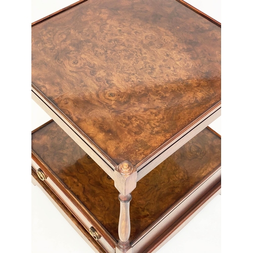 90 - LAMP TABLES, a pair, George III design burr walnut each with two tiers and a drawer, 43cm x 43cm x 6... 