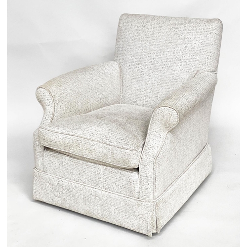 91 - ARMCHAIR, Howard style with piped bouclé style upholstery and scroll arms, 79cm W.