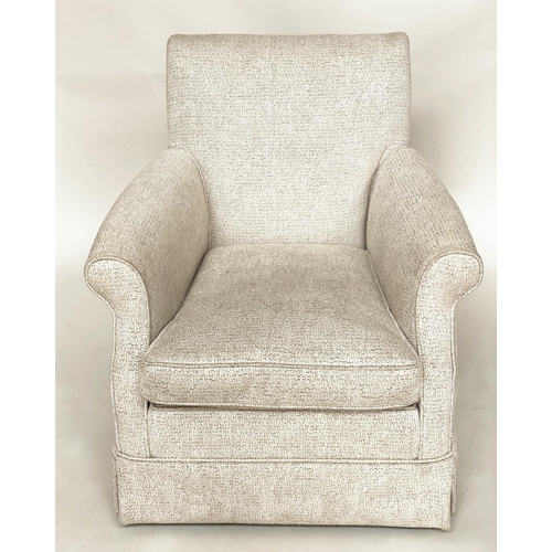 91 - ARMCHAIR, Howard style with piped bouclé style upholstery and scroll arms, 79cm W.