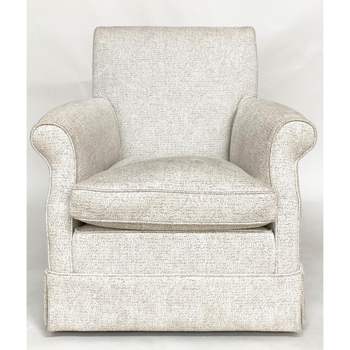 91 - ARMCHAIR, Howard style with piped bouclé style upholstery and scroll arms, 79cm W.