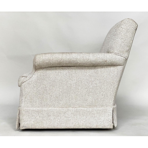 91 - ARMCHAIR, Howard style with piped bouclé style upholstery and scroll arms, 79cm W.