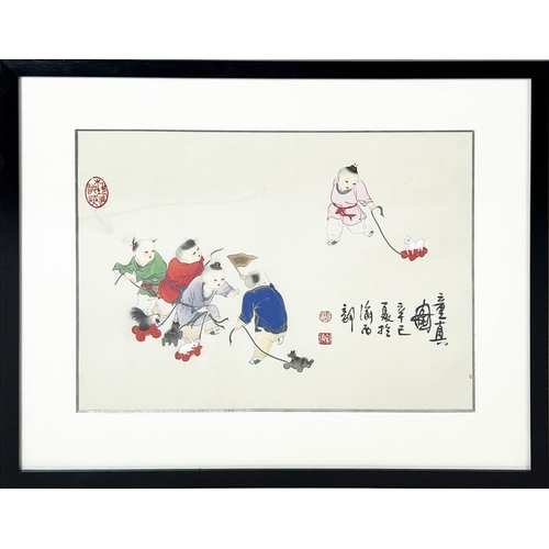 59 - CHINESE WATERCOLOURS, a pair, a scene of children playing and eating fruit, signed and dated, 59cm x... 