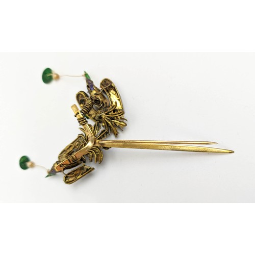 19 - YELLOW METAL HAT PIN, in the form of birds on a branch, green jade and blue silk thread decoration, ... 