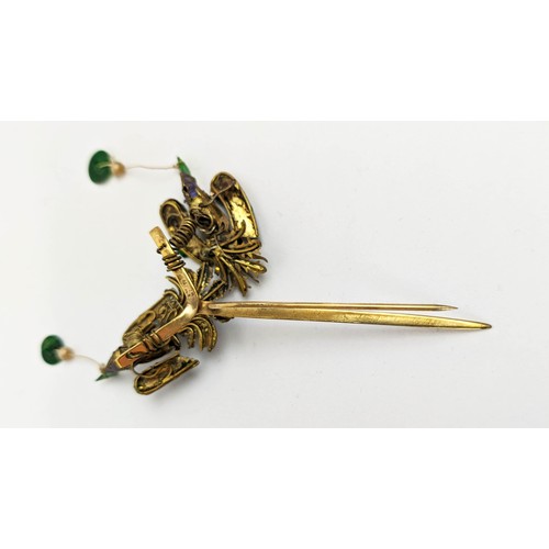 19 - YELLOW METAL HAT PIN, in the form of birds on a branch, green jade and blue silk thread decoration, ... 