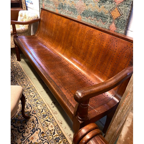 113 - BENCH, Victorian mahogany with sloping pierced fruitwood seat and turned front supports, 190cm W.