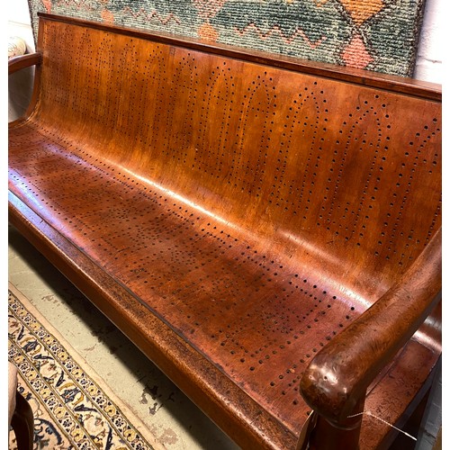 113 - BENCH, Victorian mahogany with sloping pierced fruitwood seat and turned front supports, 190cm W.