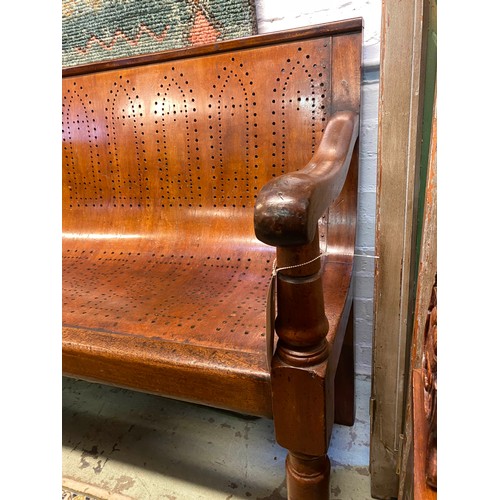 113 - BENCH, Victorian mahogany with sloping pierced fruitwood seat and turned front supports, 190cm W.