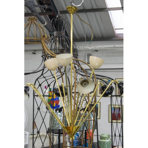 470 - CHANDELIER, 80cm H x 75cm W, mid 20th century brass and patinated metal with nine lights.