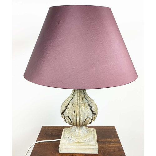 471 - TABLE LAMP, 67cm overall including purple shade, in a distressed finish.