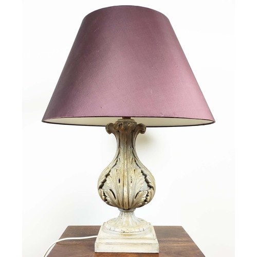 471 - TABLE LAMP, 67cm overall including purple shade, in a distressed finish.