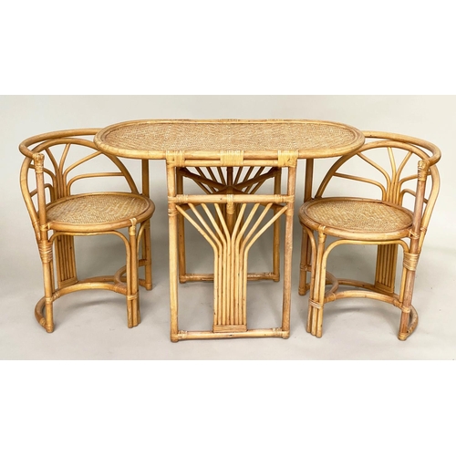 485 - TERRACE SUITE, rattan framed, wicker panelled and cane bound, oval with companion pair of chairs, 10... 