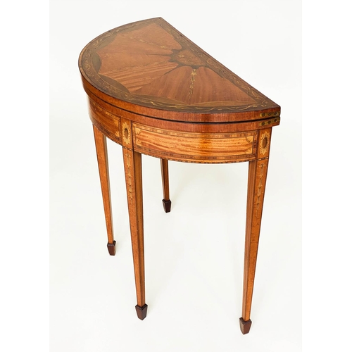 493 - CARD TABLE, late 19th/early 20th century demilune foldover satinwood radial veneered and marquetry i... 