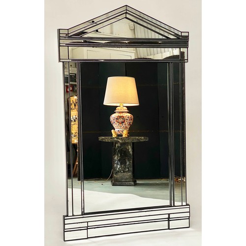 638 - ARCHITECTURAL WALL MIRROR, with multiple bevelled plates columns and cornice, 130cm H x 77cm.