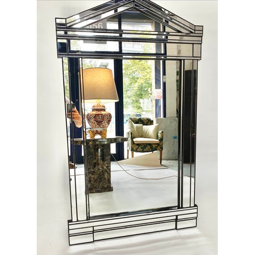 638 - ARCHITECTURAL WALL MIRROR, with multiple bevelled plates columns and cornice, 130cm H x 77cm.