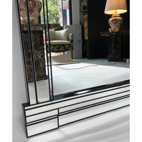 638 - ARCHITECTURAL WALL MIRROR, with multiple bevelled plates columns and cornice, 130cm H x 77cm.