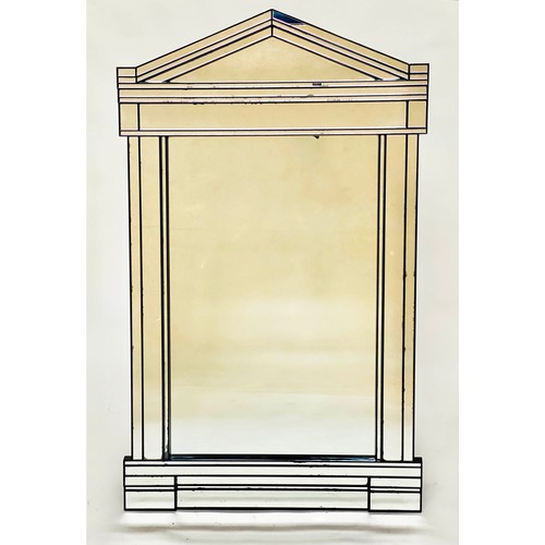 638 - ARCHITECTURAL WALL MIRROR, with multiple bevelled plates columns and cornice, 130cm H x 77cm.