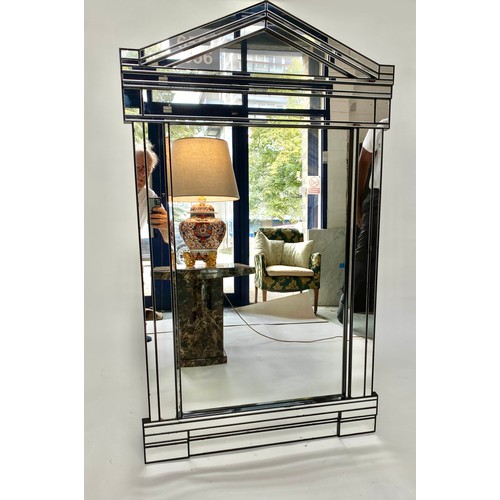 638 - ARCHITECTURAL WALL MIRROR, with multiple bevelled plates columns and cornice, 130cm H x 77cm.