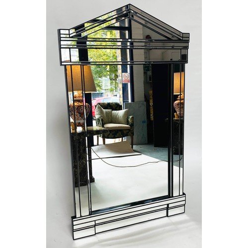 638 - ARCHITECTURAL WALL MIRROR, with multiple bevelled plates columns and cornice, 130cm H x 77cm.