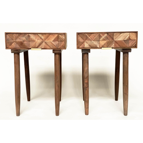 639 - LAMP TABLES, a pair, 1970 style teak each with 'blocked' front' drawer and tapering supports, 41cm W... 