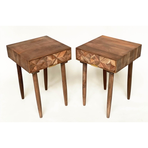 639 - LAMP TABLES, a pair, 1970 style teak each with 'blocked' front' drawer and tapering supports, 41cm W... 