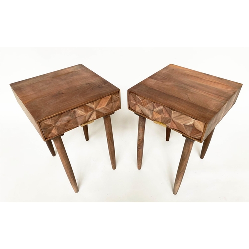 639 - LAMP TABLES, a pair, 1970 style teak each with 'blocked' front' drawer and tapering supports, 41cm W... 