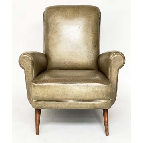 636 - HOWARD KEITH STYLE ARMCHAIR, 1970's leather with scroll back and arms and well splayed teak supports... 