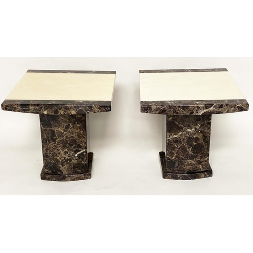 637 - LAMP TABLES, a pair, variegated and cream polished marble each bicolour with plinth supports, 55cm x... 