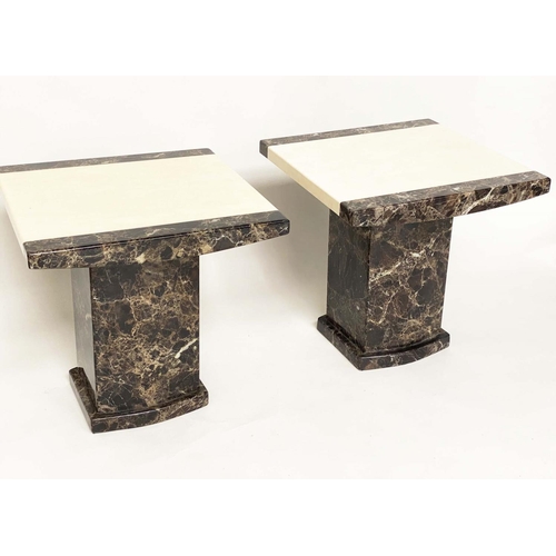 637 - LAMP TABLES, a pair, variegated and cream polished marble each bicolour with plinth supports, 55cm x... 