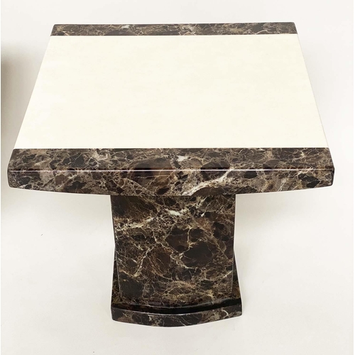 637 - LAMP TABLES, a pair, variegated and cream polished marble each bicolour with plinth supports, 55cm x... 