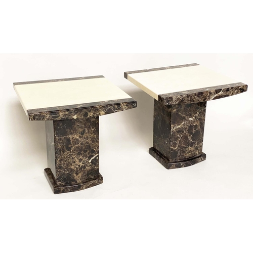 637 - LAMP TABLES, a pair, variegated and cream polished marble each bicolour with plinth supports, 55cm x... 