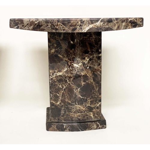 637 - LAMP TABLES, a pair, variegated and cream polished marble each bicolour with plinth supports, 55cm x... 