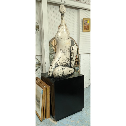 12 - SEATED ABSTRACT FIGURE SCULPTURE, with plinth, signed and dated by the artist, 139cm H x 70cm W (scu... 