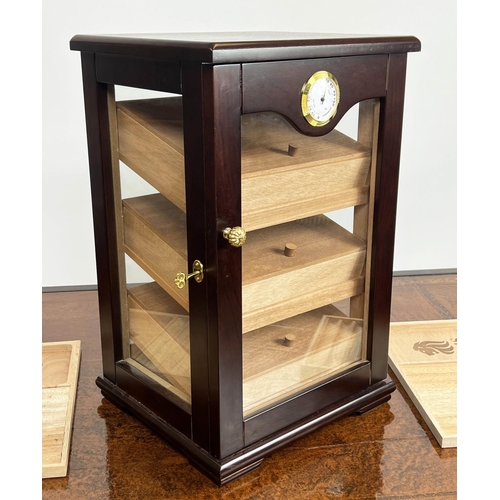 16 - HUMIDOR, cedar lined with three compartments, together with two cigar trays, 49cm H x 31cm x 28cm. (... 