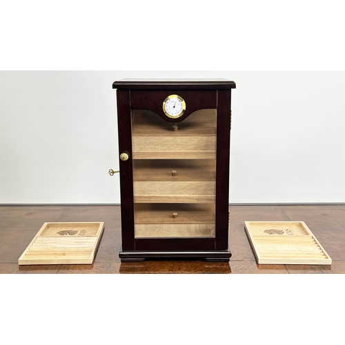 16 - HUMIDOR, cedar lined with three compartments, together with two cigar trays, 49cm H x 31cm x 28cm. (... 