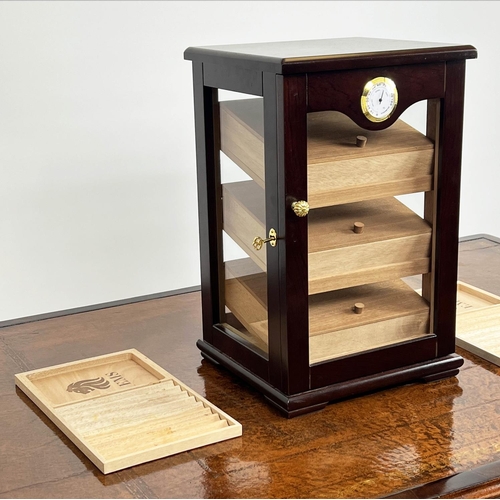 16 - HUMIDOR, cedar lined with three compartments, together with two cigar trays, 49cm H x 31cm x 28cm. (... 