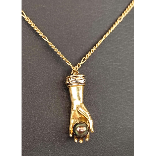 22 - A CARTIER 18CT GOLD HAND AND PEARL PENDANT NECKLACE, 8.98 grams.