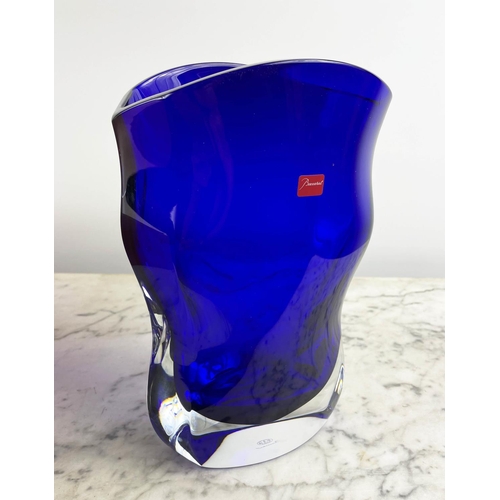 3 - BACCARAT VASE, sapphire blue shaped cut crystal, mark to base, in original box, purchased from Harro... 