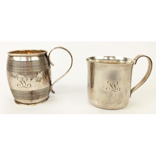 30 - TIFFANY CHRISTENING SILVERWARE, comprising barrel shaped mug, alphabet dish, two porringers, a beake... 