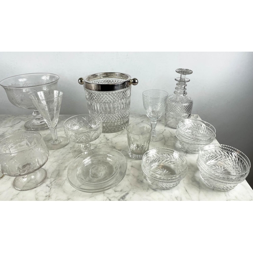 4 - CHAMPAGNE COOLER AND QUANTITY OF CUT AND ETCHED GLASSWARE, including ten sherry glasses, a Georgian ... 