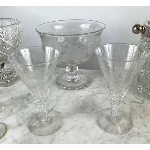 4 - CHAMPAGNE COOLER AND QUANTITY OF CUT AND ETCHED GLASSWARE, including ten sherry glasses, a Georgian ... 