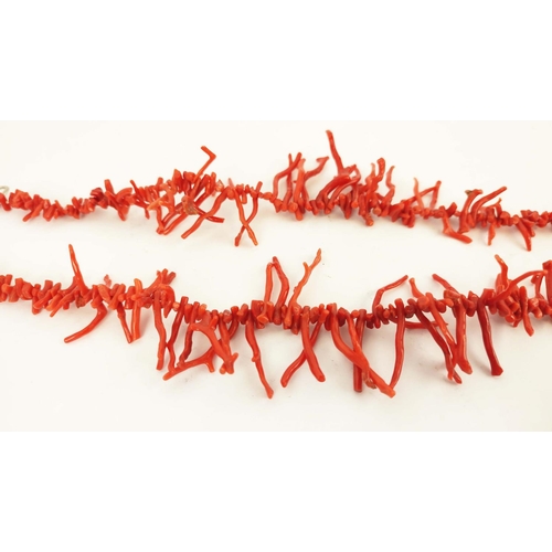 42 - A RED CORAL DOUBLE STRAND NECKLACE, 36cm long, a carnelian single strand bead necklace, 64cm long, p... 