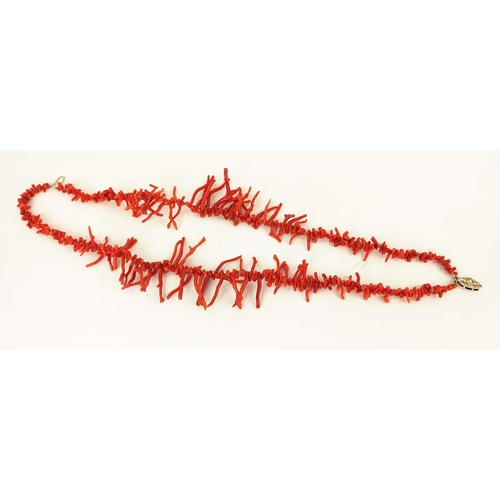 42 - A RED CORAL DOUBLE STRAND NECKLACE, 36cm long, a carnelian single strand bead necklace, 64cm long, p... 