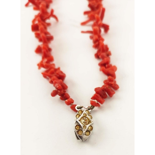 42 - A RED CORAL DOUBLE STRAND NECKLACE, 36cm long, a carnelian single strand bead necklace, 64cm long, p... 