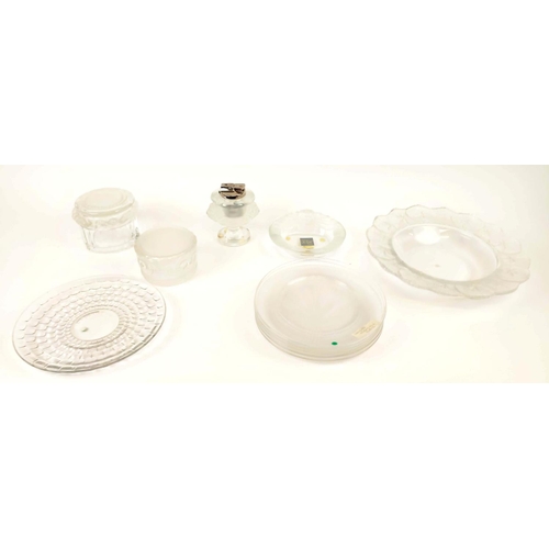 46 - COLLECTION OF LALIQUE GLASS, comprising a Hornflower dish, a frosted glass ashtray with box, a frost... 