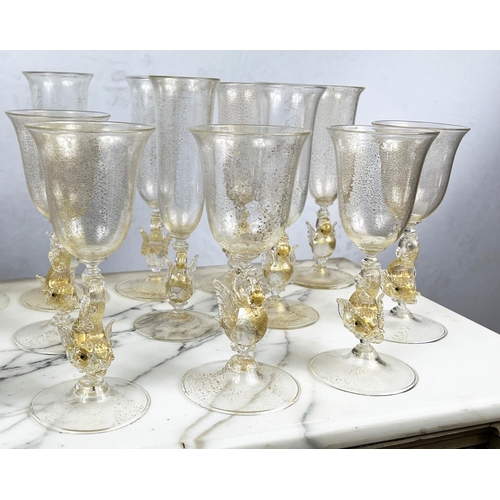 48 - A SALVIATA VENETIAN SWAN STEM GLASSWARE SET, hand blown, comprising eight wine glasses and eleven Ch... 