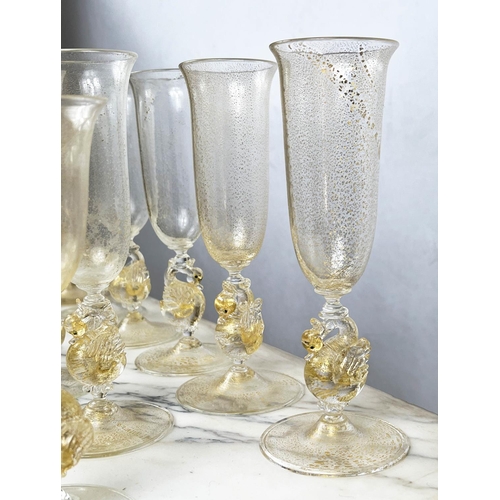 48 - A SALVIATA VENETIAN SWAN STEM GLASSWARE SET, hand blown, comprising eight wine glasses and eleven Ch... 