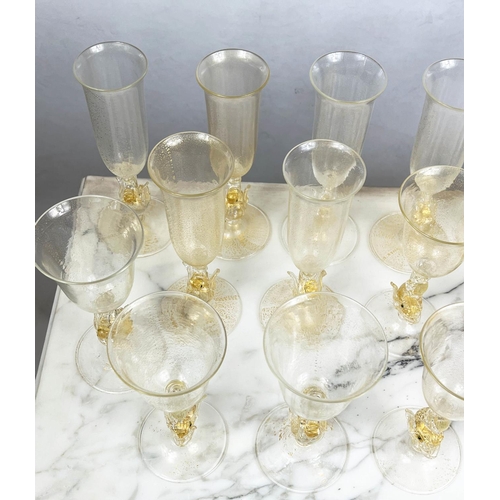 48 - A SALVIATA VENETIAN SWAN STEM GLASSWARE SET, hand blown, comprising eight wine glasses and eleven Ch... 