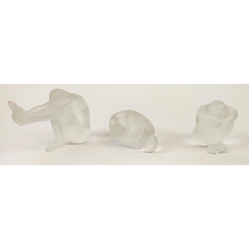 54 - LALIQUE MINIATURE GLASS FIGURES, collection of seven, comprising three clear frosted glass figures, ... 